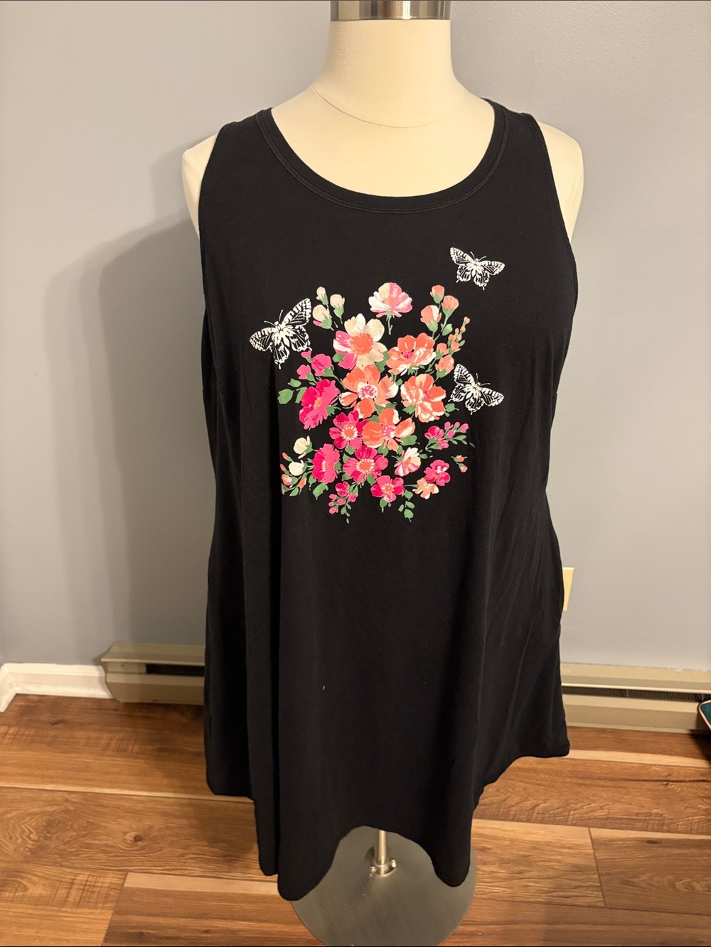 Cacique Black Floral & Butterfly Tank Lounge dress